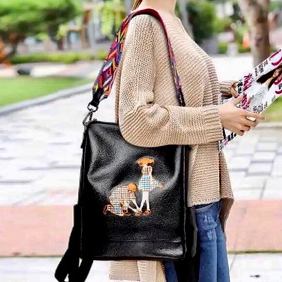 BACKPACK BLACK PEBBLE LEATHER TWO COLOR GUITAR STRAP SCHOOL WORK OFFICE … - Picture 8 of 13